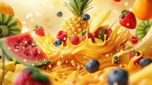 Sweet tropical fruits and mixed berries. Splash of juice. Watermelon, banana, pineapple, strawberry, orange, mango, blueberry, cherry, raspberry, papaya. 3d vector realistic, high quality 50mb eps photo