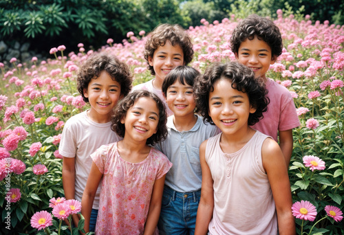 Smiling Diverse Children Amid Bright Pink Flowers