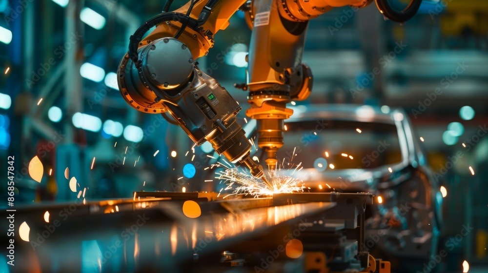 Robotic arm welding in a high-tech factory. Industrial robotics and automation concept. Close-up shot. Robotic arm welding in a high-tech factory. Industrial robotics and automation concept. Close-up shot.