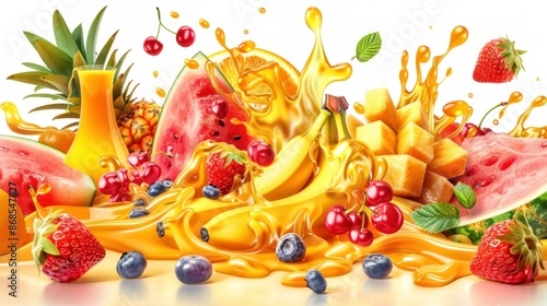 Sweet tropical fruits and mixed berries. Splash of juice. Watermelon, banana, pineapple, strawberry, orange, mango, blueberry, cherry, raspberry, papaya. 3d vector realistic, high quality 50mb eps photo