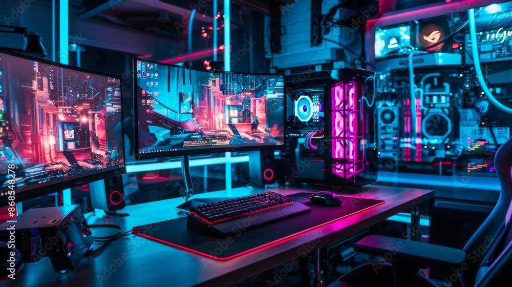Fototapeta premium High-end gaming setup with dual monitors and neon lighting. Modern gamer workspace concept.