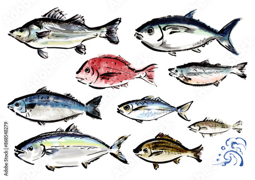 いろいろな手書きの魚の集合　和風筆書きの魚セット