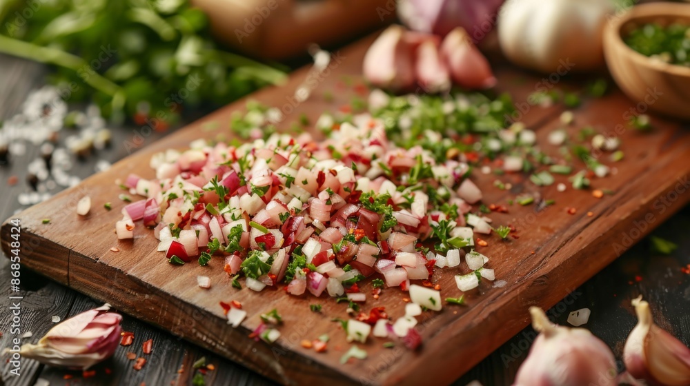 Fototapeta premium A cutting board with minced red garlic cloves and herbs, ready to be mixed into marinades or salad dressings.