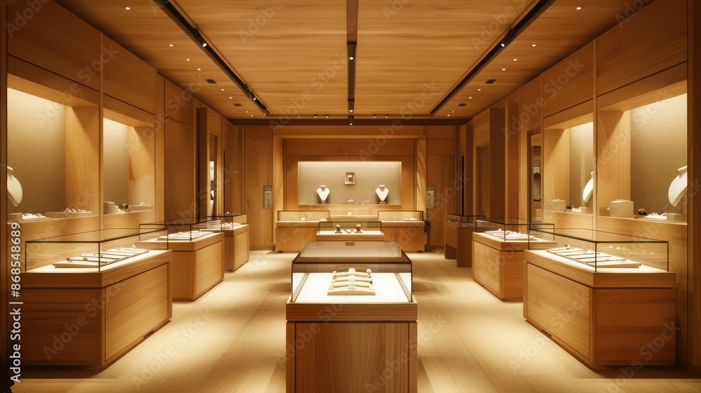 minimalist jewelry store with elegant wood displays and a refined atmosphere minimalist jewelry store with elegant wood displays and a refined atmosphere