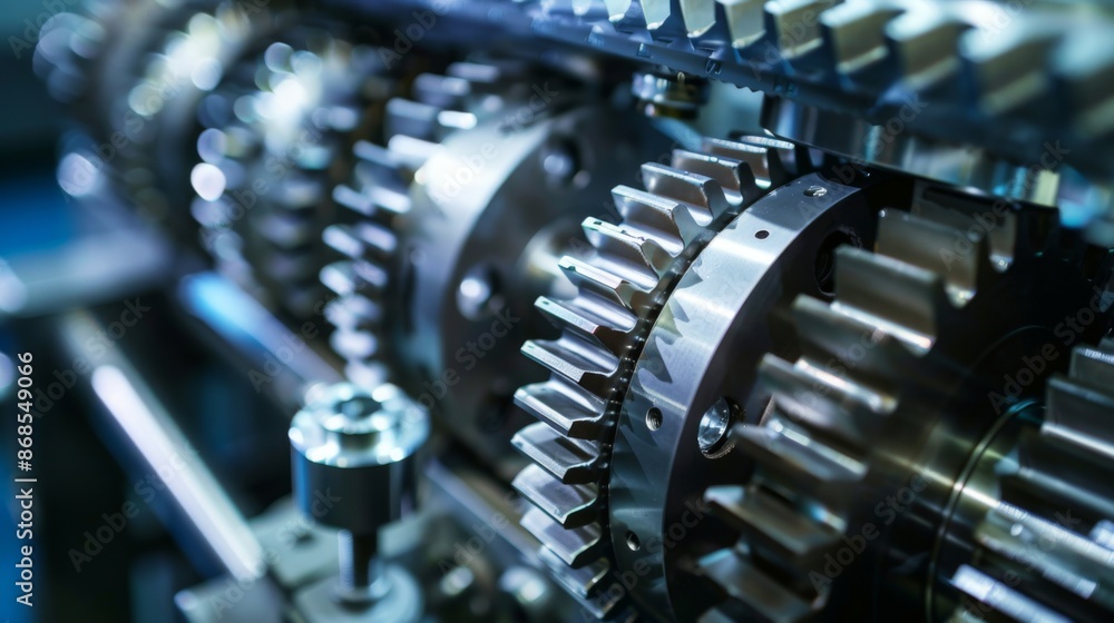 Detailed view of interlocking gears in a machine, showcasing precision engineering and mechanical components Detailed view of interlocking gears in a machine, showcasing precision engineering and mechanical components