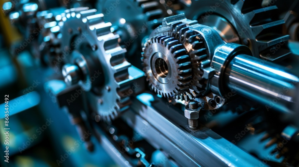 Detailed view of interlocking gears in a machine, showcasing precision engineering and mechanical components Detailed view of interlocking gears in a machine, showcasing precision engineering and mechanical components