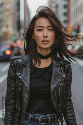 3 A stylish Asian woman in a leather jacket, crossing a busy urban street with confidence © TANAT