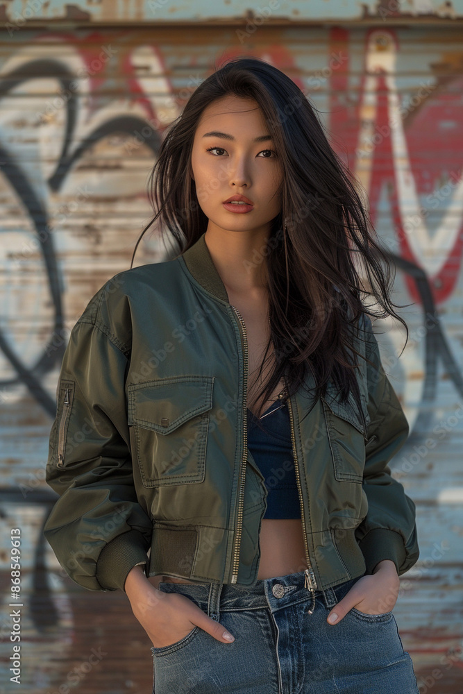 Fototapeta premium 14 An Asian fashion model in a bomber jacket, posing dynamically in an urban alley