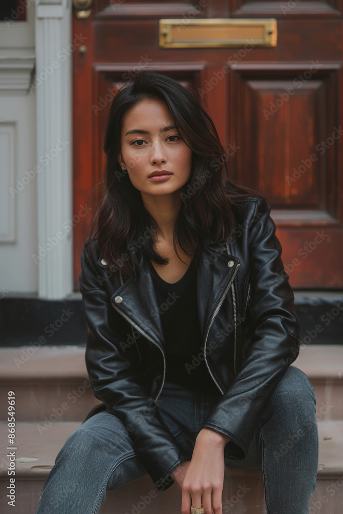 19 A stylish Asian woman in a leather jacket, sitting on the steps of a historic building 19 A stylish Asian woman in a leather jacket, sitting on the steps of a historic building