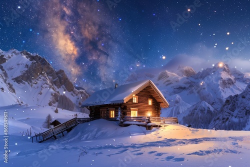 Immerse yourself in a peaceful winter getaway at a charming alpine cabin in snowcovered mountains. Enjoy cozy nights by the fireplace, relax with friends, and create lasting memories © YURIMA
