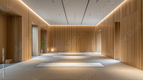 minimalist yoga studio with walls of vertically aligned beech wood panels, creating a serene and balanced environment