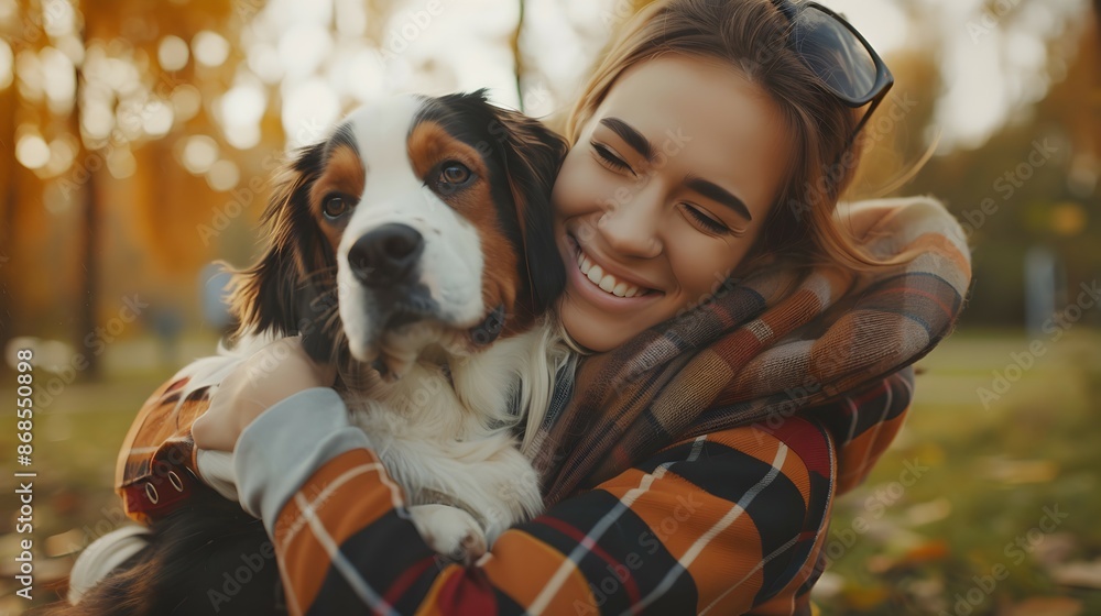Happy candid woman cuddling her dog in the park, A woman is cheerfully capturing a moment with her loyal canine companion Happy candid woman cuddling her dog in the park, A woman is cheerfully capturing a moment with her loyal canine companion