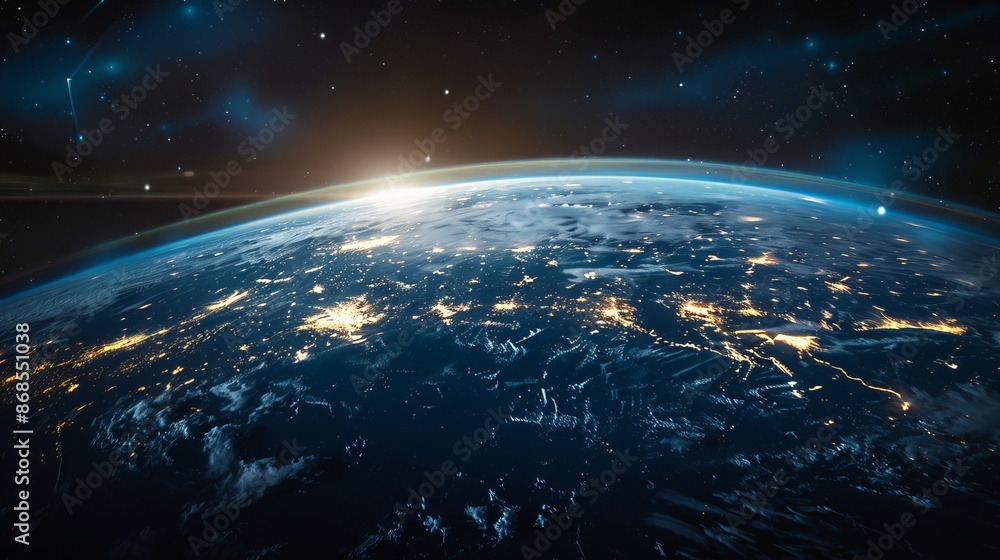 Fototapeta premium Earth at Night from Space with Glowing City Lights, Deep Outer Space Wallpaper