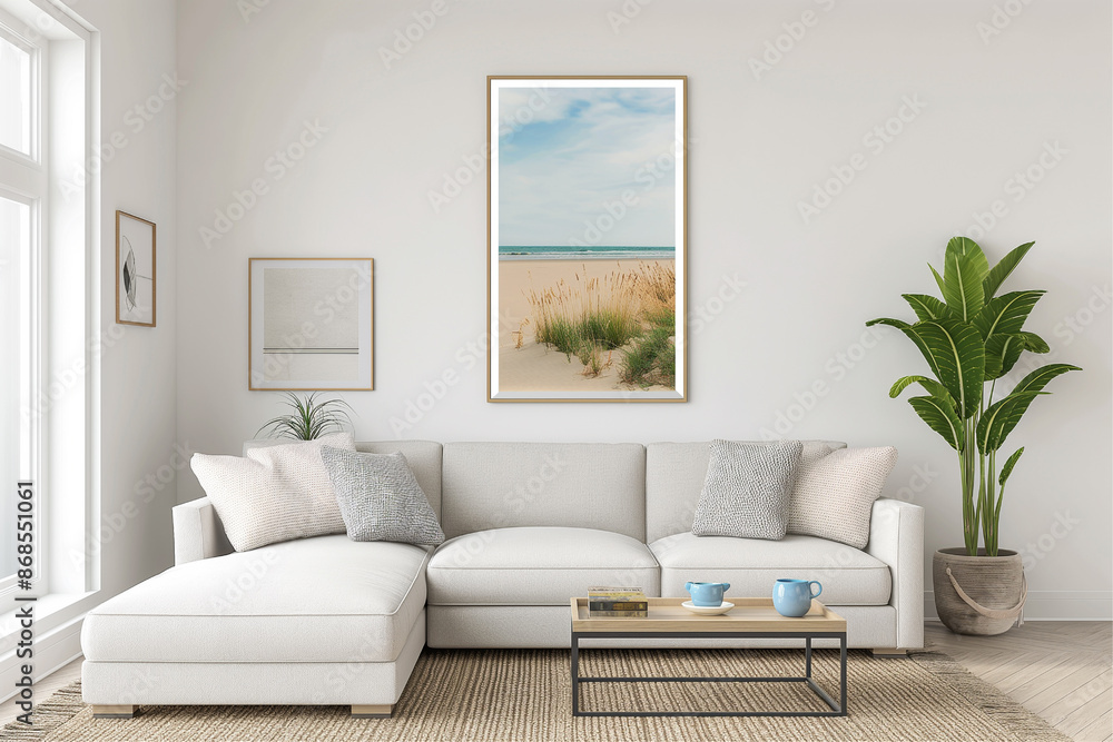Fototapeta premium Frame mockup, ISO A paper size. Home Office wall poster mockup. Interior mockup with office background. Modern interior design.