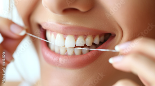 Close-up of a smiling white woman in her 20s or 30s flossing her teeth with white dental floss indoors. Concept of dental hygiene and oral care