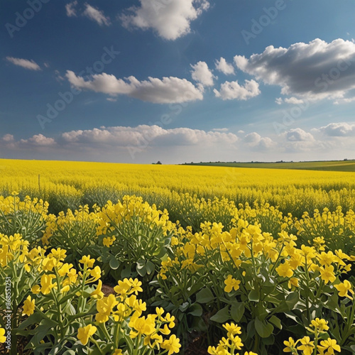 Yellow rapeseed is covered the field against the blue sky  