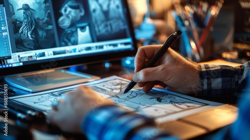 A graphic artist using a digital pen to sketch storyboards for an animated video, planning visual sequences and transitions.