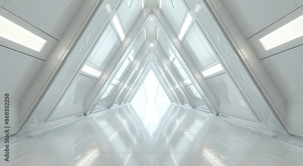 3d render of white futuristic background with long corridor and triangle lights on the ceiling. 3d render of white futuristic background with long corridor and triangle lights on the ceiling.