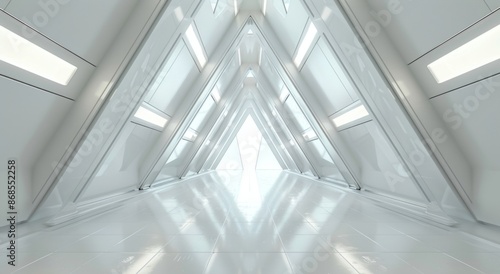 3d render of white futuristic background with long corridor and triangle lights on the ceiling. © SH Design