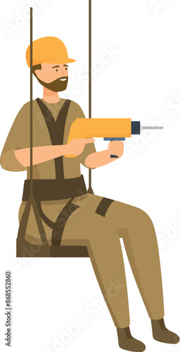 Construction worker with safety harness using drill hanging on ropes at height