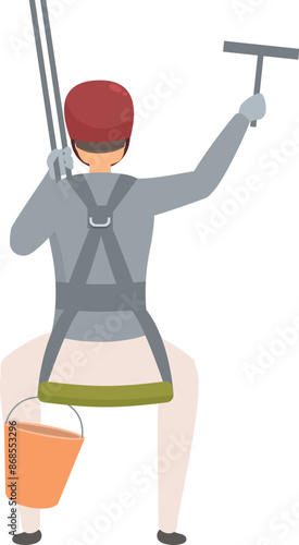 Industrial climber wearing safety equipment is cleaning windows while hanging on ropes
