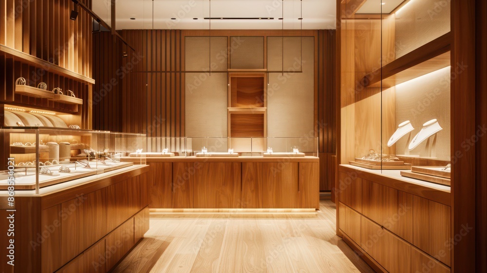 modern jewelry store with wooden cases and a clean, minimalist design modern jewelry store with wooden cases and a clean, minimalist design