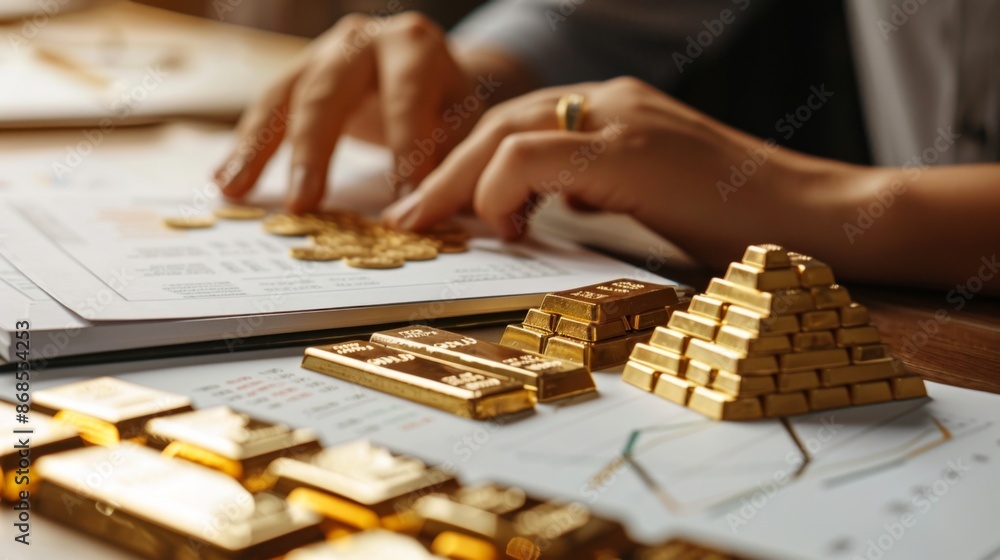 Fototapeta premium A person studying a printed gold price graph and financial reports on a desk, preparing for an investment presentation.