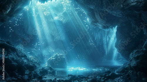 Enchanting Underwater Cave with Beams of Mystical Light Illuminating the Tranquil Aquatic Realm