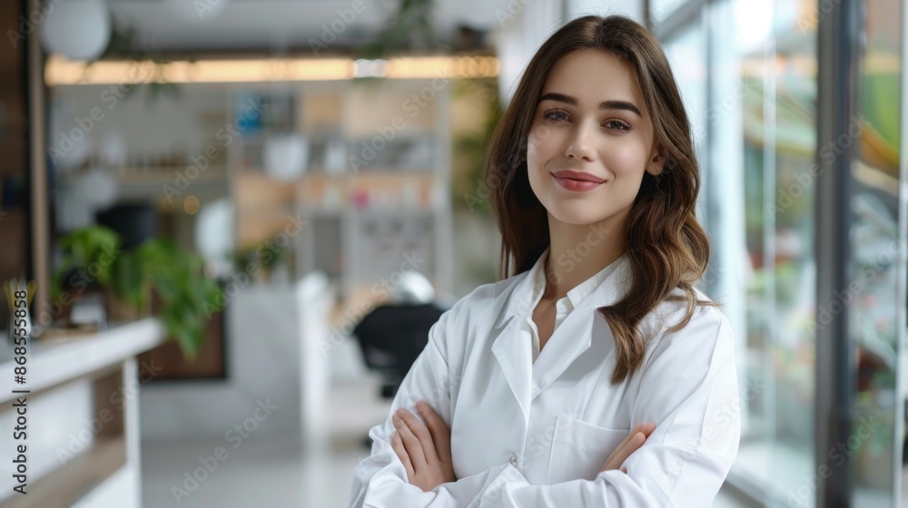 Female cosmetologist beauty industry worker professional portrait at workplace in clinic spa salon. Attractive smiling woman Female cosmetologist beauty industry worker professional portrait at workplace in clinic spa salon. Attractive smiling woman