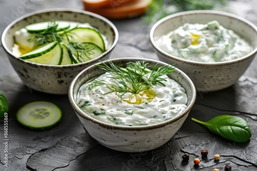 A collection of dips served with sliced cucumbers and bread, perfect for a snack or appetizer