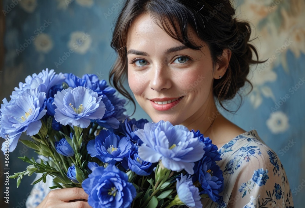 A cheerful smile lights up the face of a happy woman enjoying her special day surrounded by a beautiful bouquet of blue eustoma flowers A cheerful smile lights up the face of a happy woman enjoying her special day surrounded by a beautiful bouquet of blue eustoma flowers