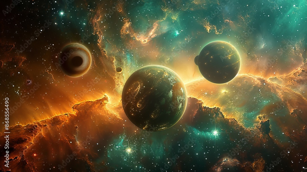 Planets in Outer Space Amidst Stars and Nebulae, Cosmic Celestial Scene with Astronomical Objects and Deep Space Exploration Background Planets in Outer Space Amidst Stars and Nebulae, Cosmic Celestial Scene with Astronomical Objects and Deep Space Exploration Background