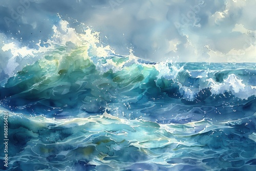Stunning Ocean Waves Captured in a Beautiful Watercolor Painting with Dynamic Blue and Green Hues