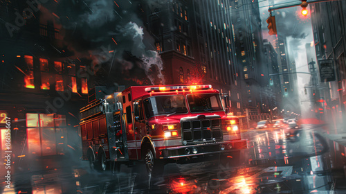 A red fire truck is driving down a street in the rain