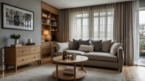 Interior of light living room with grey sofas, coffee table and large window