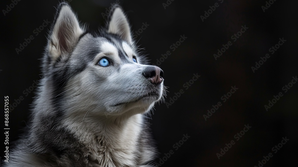 Siberian Husky with piercing blue eyes gazing upwards against a dark background. Generated AI. Siberian Husky with piercing blue eyes gazing upwards against a dark background. Generated AI.