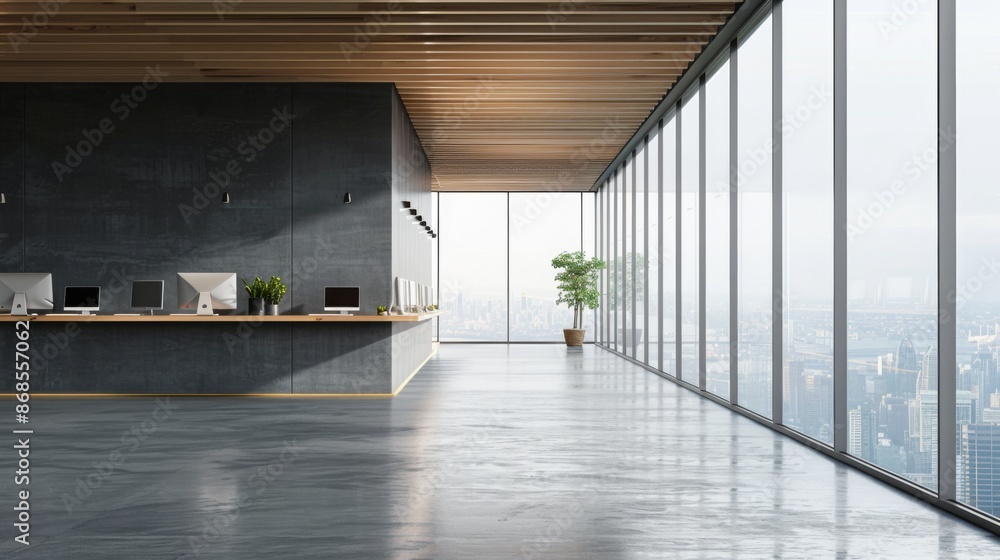 Fototapeta premium Front view on blank grey wall in light eco style office with stylish workspaces, modern computers, glossy concrete floor