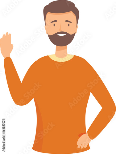 Cheerful bearded man is waving his hand in greeting