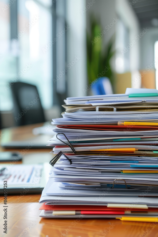 Stack of accounting documents on desk in office background, document flow concept, nobody, copy space Stack of accounting documents on desk in office background, document flow concept, nobody, copy space
