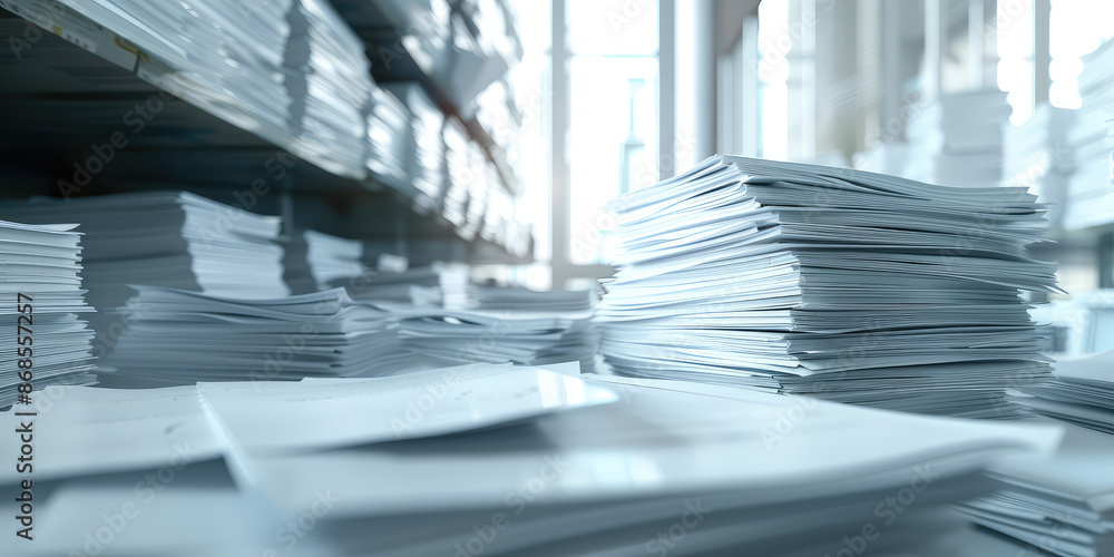 Stack of accounting documents on desk in office background, document flow concept, nobody, copy space Stack of accounting documents on desk in office background, document flow concept, nobody, copy space