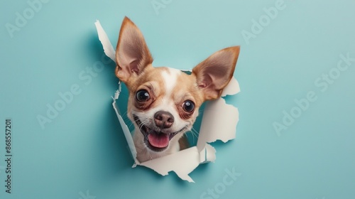 Chihuahua peeking through a torn light blue wall with a happy expression. Generated AI. © Mariana