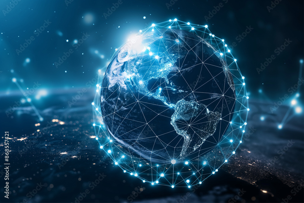 Digital rendition of Earth showing network connections against a galaxy backdrop, depicting globalism and technology. Digital rendition of Earth showing network connections against a galaxy backdrop, depicting globalism and technology.