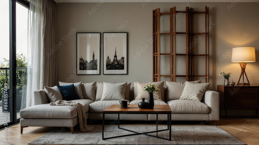 Fototapeta premium Interior of light living room with grey sofas, coffee table and large window