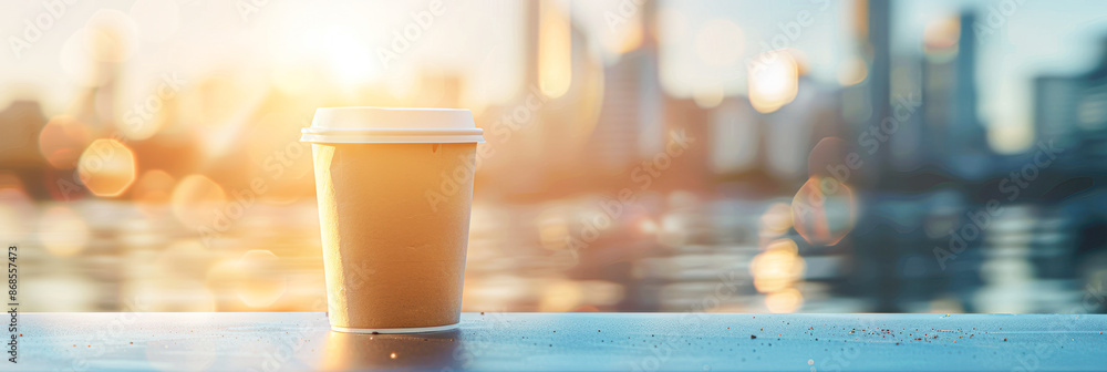 Morning Serenity in the City Coffee Cup on Blue Surface with Urban Background Morning Serenity in the City Coffee Cup on Blue Surface with Urban Background