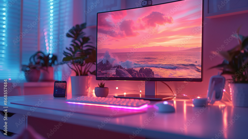 Computer monitor in a pink computer room
