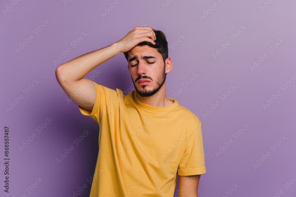 A man in a yellow shirt is seen holding his head, possibly indicating discomfort or pain A man in a yellow shirt is seen holding his head, possibly indicating discomfort or pain