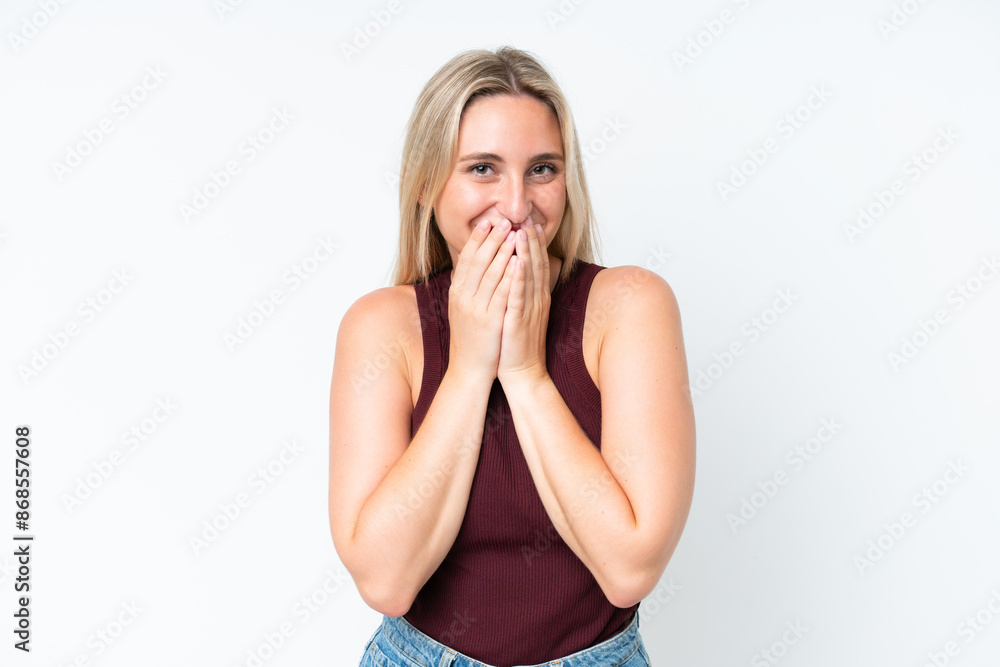 Young caucasian woman isolated on white background happy and smiling covering mouth with hands Young caucasian woman isolated on white background happy and smiling covering mouth with hands