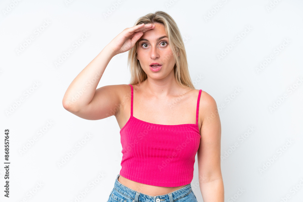 Young caucasian woman isolated on white background has realized something and intending the solution Young caucasian woman isolated on white background has realized something and intending the solution