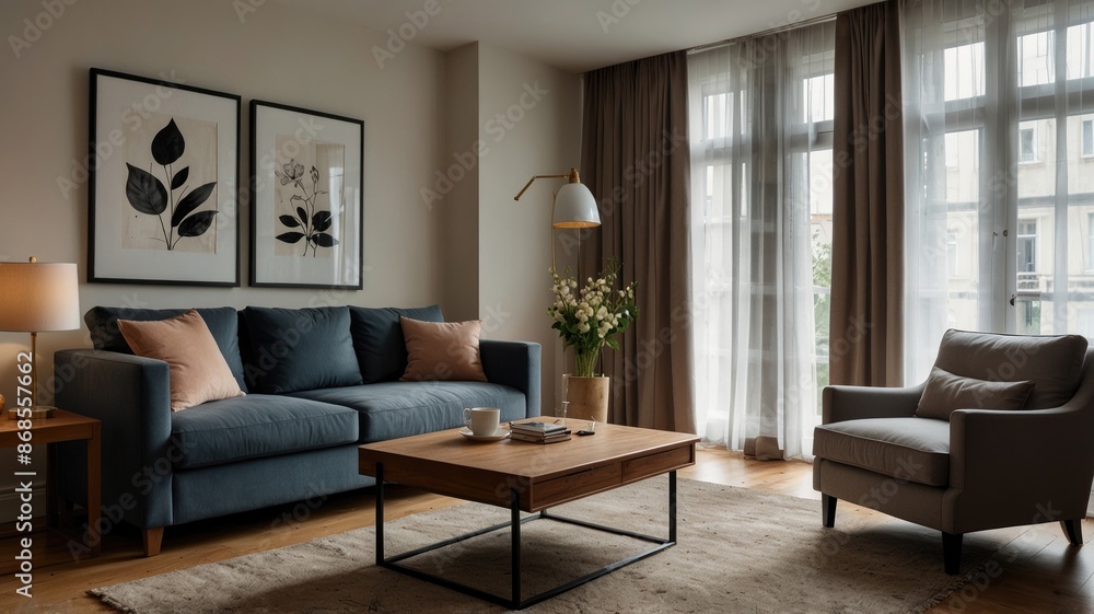 Fototapeta premium Interior of light living room with grey sofas, coffee table and large window