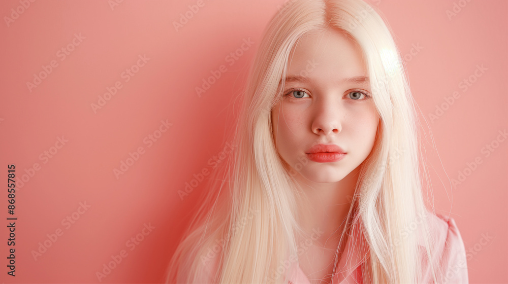 A pale young woman with platinum blonde hair against a soft pink background, exuding a gentleness and ethereal beauty. A pale young woman with platinum blonde hair against a soft pink background, exuding a gentleness and ethereal beauty.